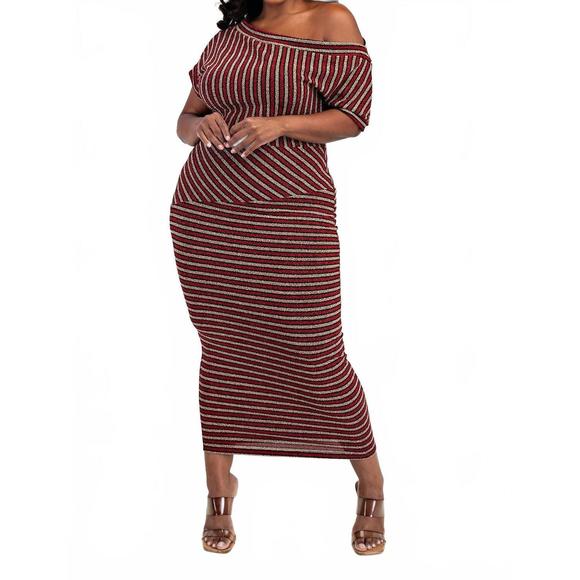 NEW THE CURVE LA plus size stripe lurex knit off shoulder knit midi dress in red - Picture 1 of 5
